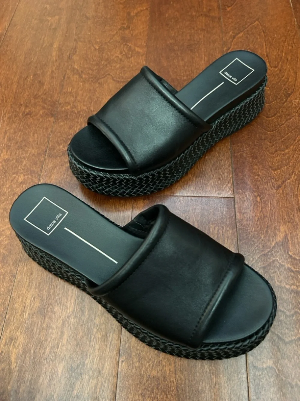 Dolce Vita Wimsyn Black Leather Platform Slide with Woven Platform, Size 8.5